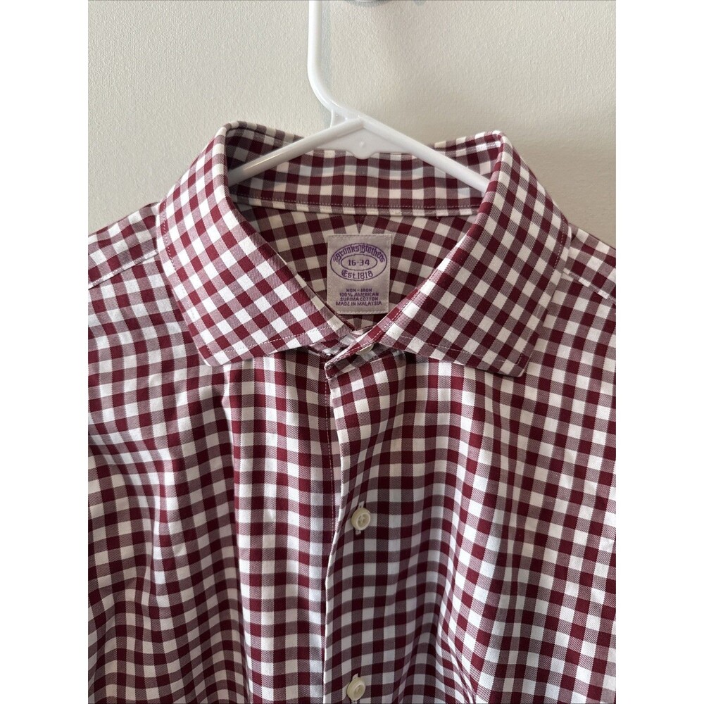 Brooks Brothers 1818 Gingham Burgundy Long Sleeve Button Down Shirt Mens 16 34